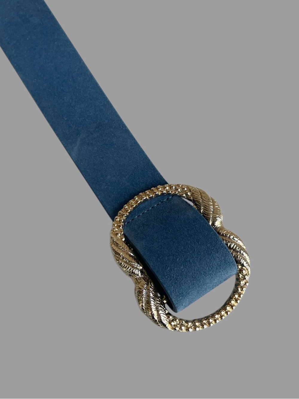 SEZANE Classic Blue Suede Leather Artemis Belt w/ Engraved Gold Brass Buckle - Picture 5 of 14